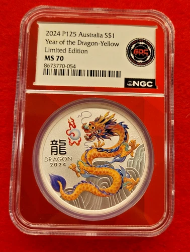 2024 P125 Australia Year Of Dragon -YELLOW  Limited Edition NGC MS70 1oz Silver