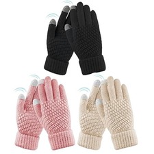 Winter Touch Screen Gloves - 3 Pairs, Warm Knit Fleece, Black/Pink/Beige