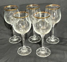 (5) Bohemia Geneve Water Wine Glass Goblets Ribbed Stems Gold Rim Crystal Set