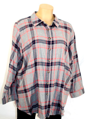 NWOTS Woman Within Gray Pink Plaid Button Up Flannel Blouse Plus Sz-3X