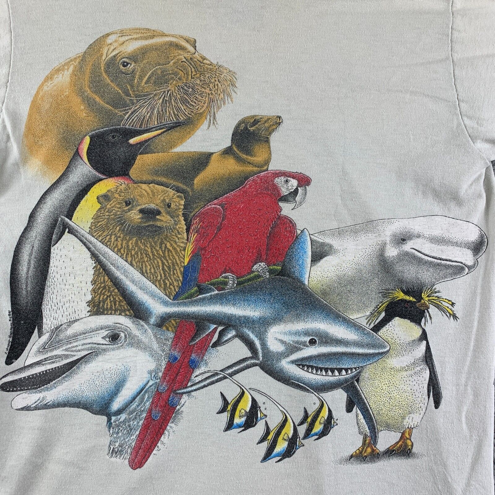 Vintage Sea World of Texas Shirt Mens Medium Ivory Wildlife Wrap Around 50/50