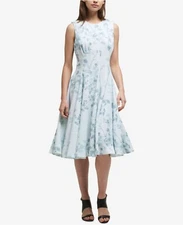 DKNY Floral Wallpaper Fit & Flare Dress 2 Blue Stretch Scuba Crepe Knee Length