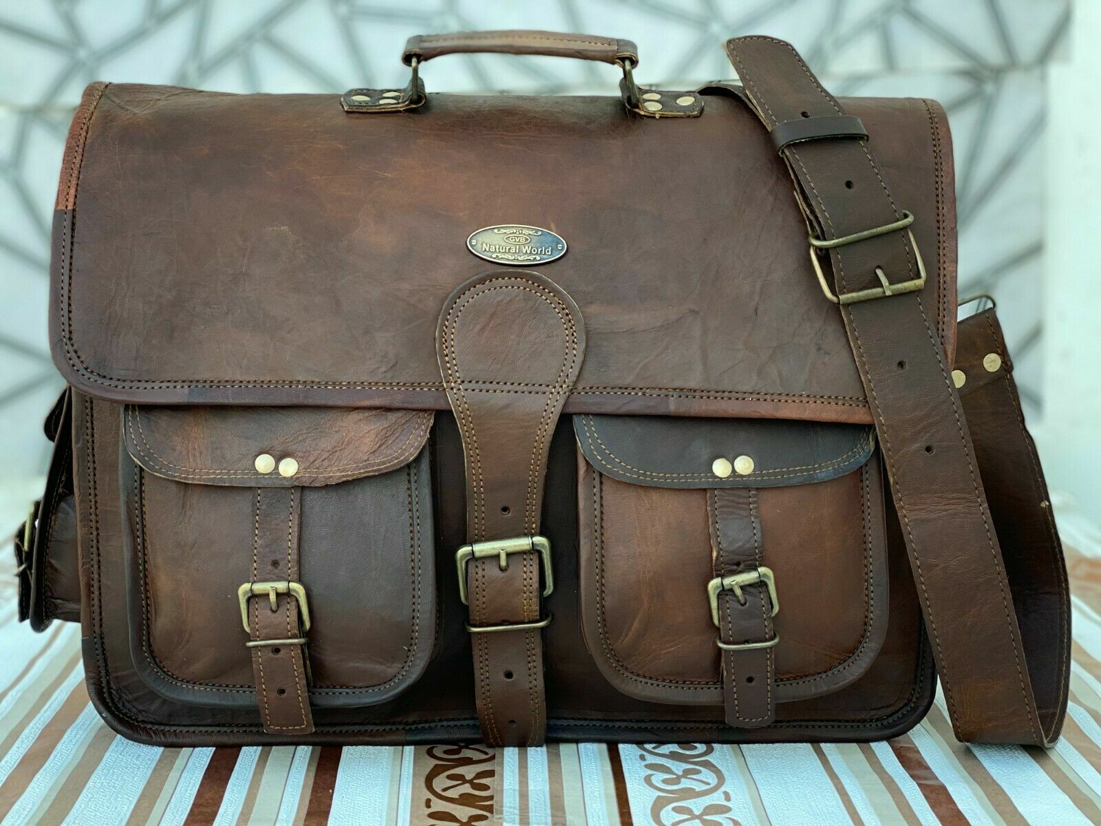 Men's 18-Inch Leather Laptop Messenger Bag Shoulder Satchel Travel Case-image