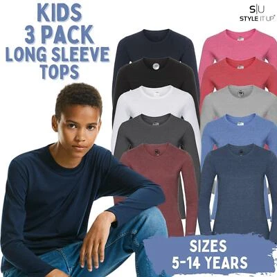 STYLE IT UP Kids Boys Girls 3 Pack Long Sleeve Tshirts Tops Plain Jersey Crew Neck Casual