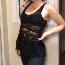 Vintage Black crochet tank top boho style unique woven knit festival sheer