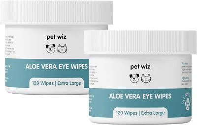 PET WIZ Aloe Vera Eye Wipes for Cleaning Dogs & Cats - Extra Large - Pack of 120x2