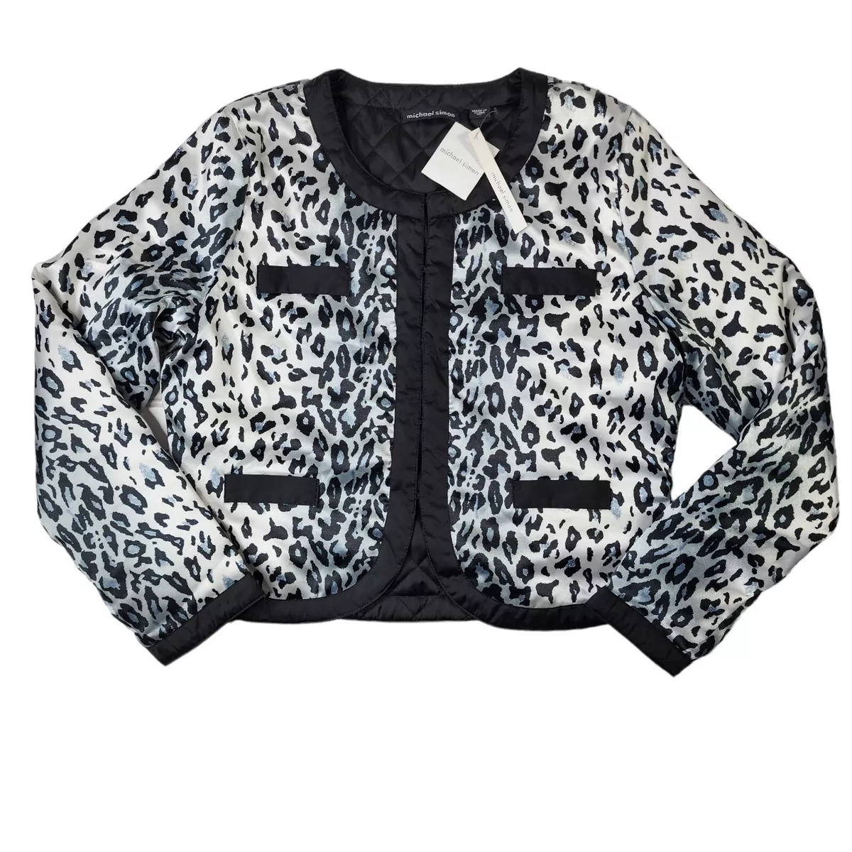 New Michael Simon Black White Leopard Print Cardigan Jacket Size