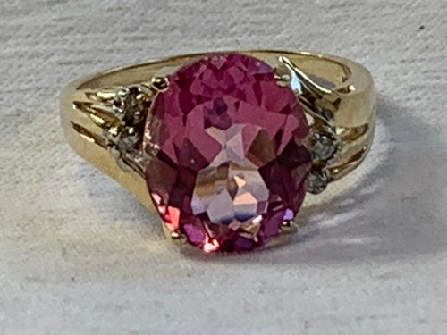 10k Yellow Gold Pink Stone Diamond Accent Ring Sz 6.75 Jewelry 3.97g Round Prong - Picture 7 of 12