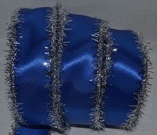 Wired Ribbon Holiday Blue Christmas Silver Tinsel Edge Winter Wreath Gift Bow