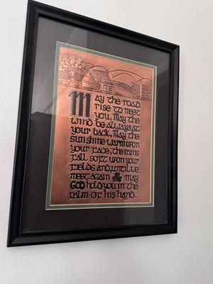 Vintage 12  x 15  Irish Blessing Imprinted Copper Matted Wood Frame Wall Art