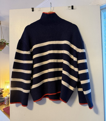 ZARA Women s Turtleneck Striped Pullover Sweater Size M Blue/White/Red