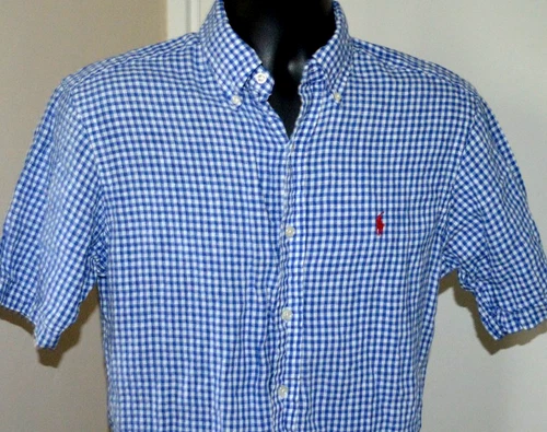POLO RALPH LAUREN LINEN GINGHAM BUTTON SHIRT S/S MENS SMALL BLUE WHITE RED PONY