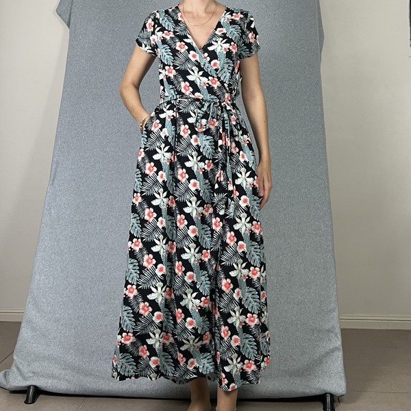 Roxy Wrap Dress Womens XS 6 Maxi Black Floral Tropical Holiday Boho Summer