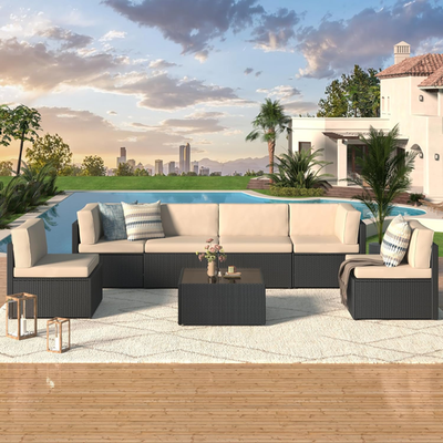 #ad 7 Piece Patio Sofa PE Rattan Outdoor Sectional Conversation Set with Cushions $369.99