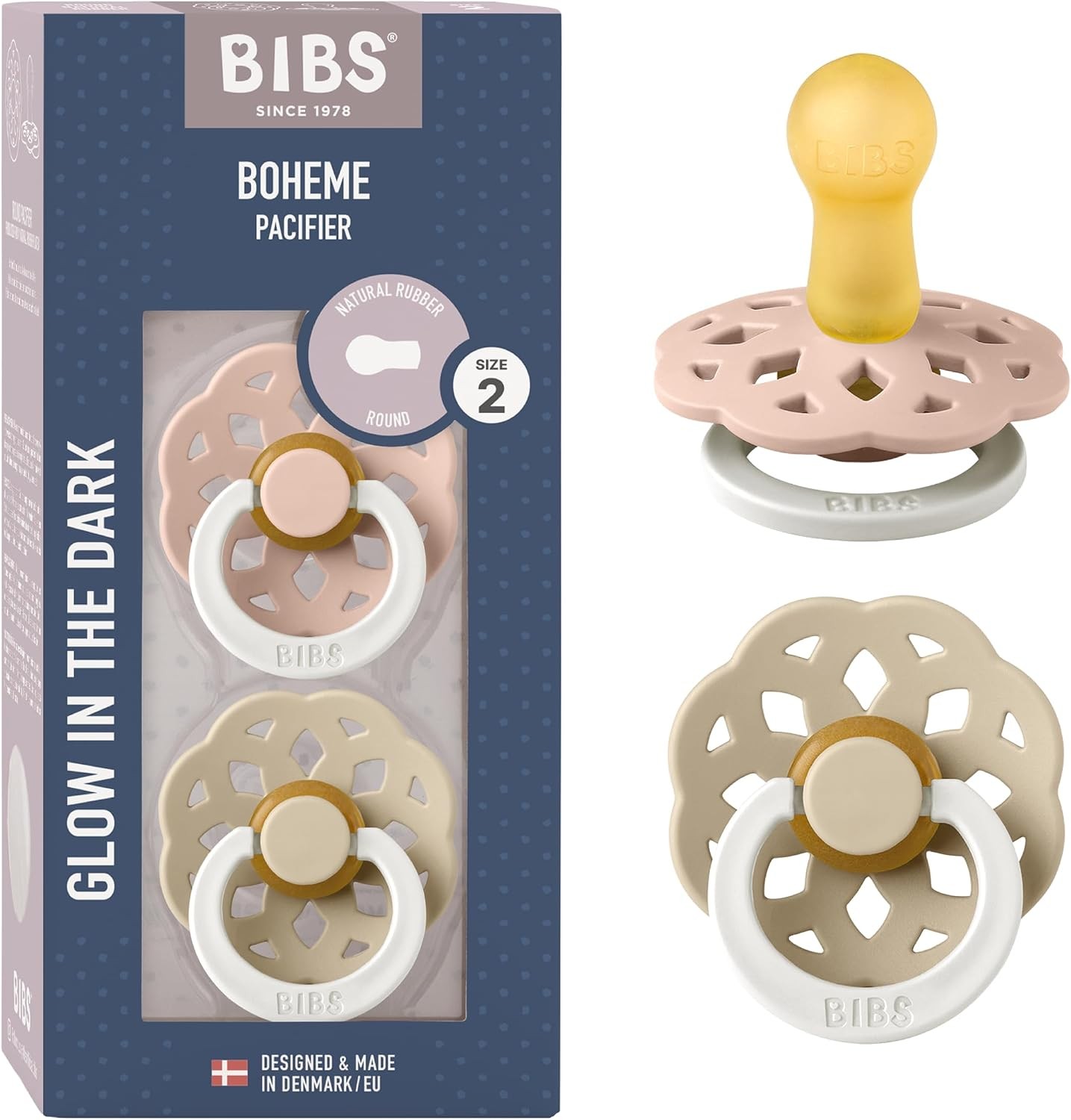 Bibs Boheme Natural Rubber Night Size 2: 6+ Months Dummy Blush / Vanila 2 Pc - Image 2