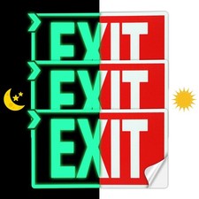 Photoluminescent Exit Decals, Glow For 8 Hours, Self Adhesive Signs, 3 Pack, Red