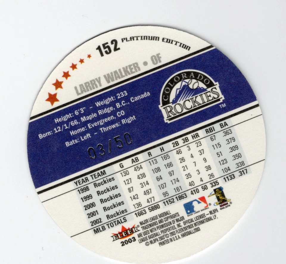 2003 Fleer Hardball Larry Walker #152 Platinum 03/50 Colorado Rockies - Image 2 of 2