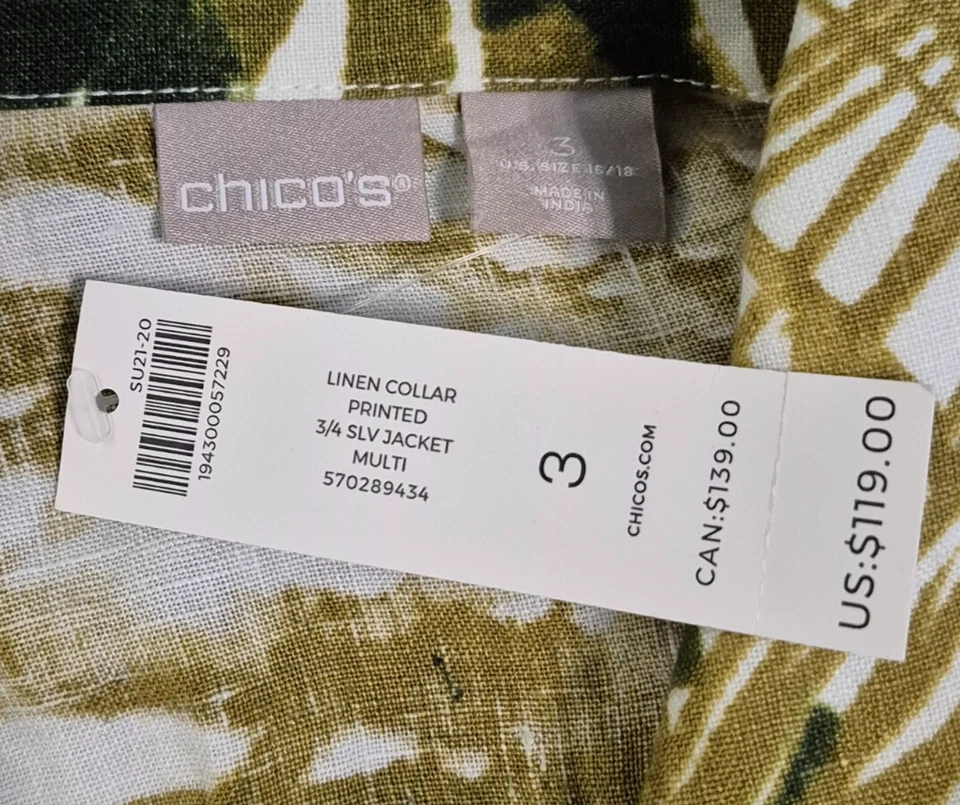 Chicos Women's 100% Linen Tropical Print Jacket 3/4 Sleeve Full Zip Size 3 NWT - Image 4 of 4