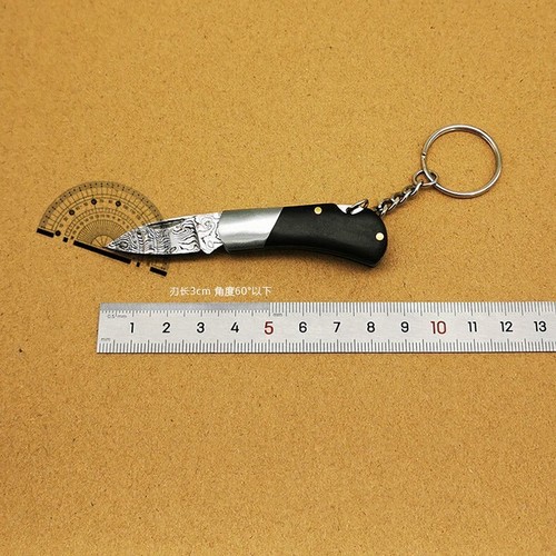 Mini Keychain Folding Damascus Blade Knife Wooden Handle Outdoor Camping EDC - Picture 4 of 7
