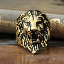 Retro 316L Stainless Steel Gold Lion Head Men Biker Ring Size 8-16