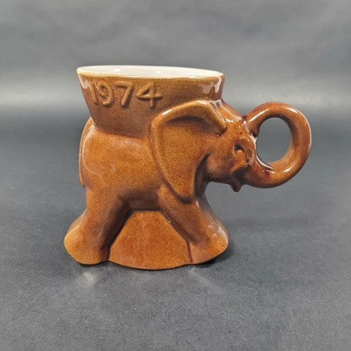 Vintage Frankoma Pottery Elephant Political Mug 1974 GOP Republican Brown