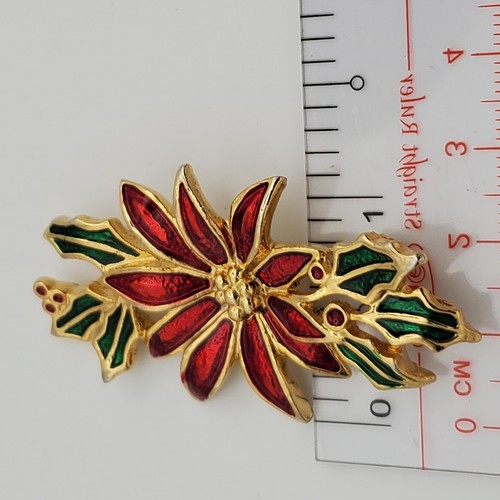 Poinsettia Holly Brooch Pin Christmas Holiday Enamel Red Green SR 42530 Flora - Picture 5 of 5