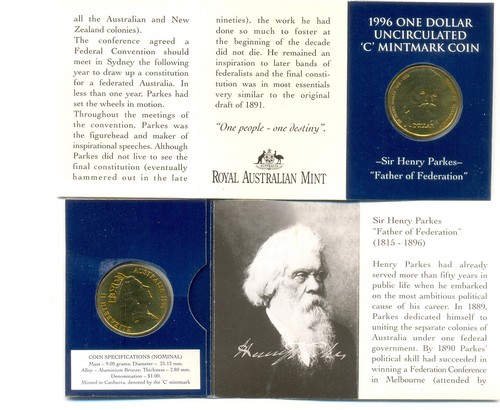 1996 Uncirculated $1 Coin: "Sir Henry Parks"- Father of Federation "C" Mintmark.