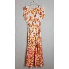 Indikka Flora Pink/Orange Bohemian Boho Tropical Peasant Maxi Dress Size Medium