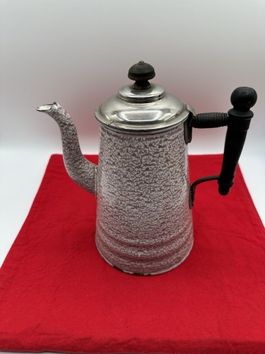 Old Antique Red Mulberry Relish Pattern GRANITEWARE Enamelware COFFEE POT 8.5”