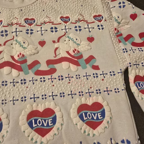 Vintage 80s Cupid Teddy Bear LOVE Sweatshirt Puff Print Cottagecore Grannycore - Picture 6 of 23