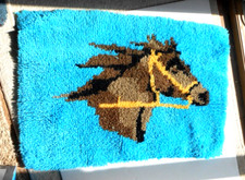 Vintage Horse Latch Hook Rug Blue Yellow Brown Mid Century Mod Western 31"x21"
