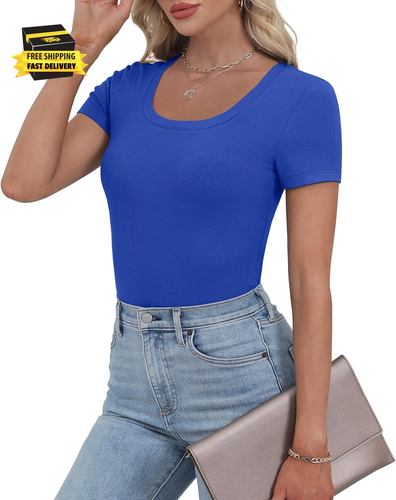 Women'S Ribbed Knit Scoop Neck Tees Slim Fit Short Sleeve Tops Summer 2025 Trend - Picture 2 of 5