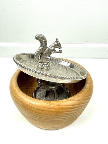 Seba Silver Plated Squirrel On Wooden Jewellery Bowl Donkey Ring Holder Vintage - Picture 2 of 16
