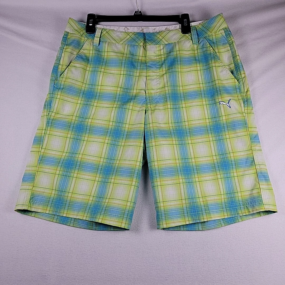 Puma Performance Golf Shorts Blue Yellow Plaid 36x11 Lightweight Quick Dry