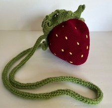 Women Purse Hand made from Acrylic Crochet Strawberry Red with long green handle