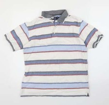 Maine Mens Blue Striped Cotton Blend Polo Size S Collared Button