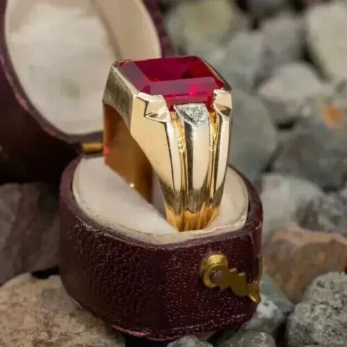 14K Yellow Gold Plated 3Ct Emerald Cut Lab Created Red Ruby Men's Wedding Ring - Picture 4 of 6