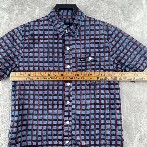 RVCA Boys Fit Size Medium Blue/Red Button Down Shirt Short Sleeve Casual - Picture 5 of 11
