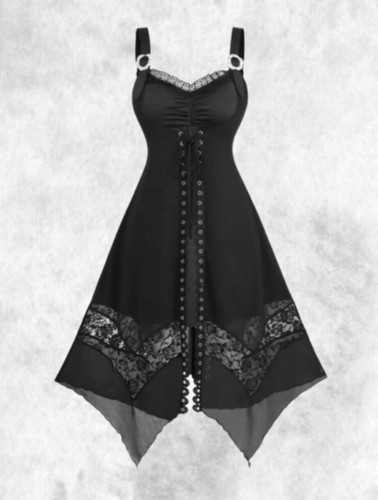 Nuevo Vestido Largo Negro Gótico Corsé Malla Encaje Dobladillo Tachonado Talla 4XL 24 26 28 - Imagen 2 de 5