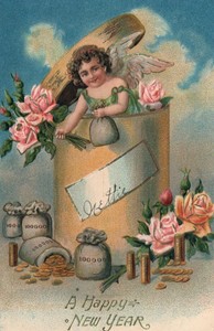 VINTAGE-VICTORIAN-HAPPY-NEW-YEAR-GIRL-CHERUB-ROSES-MONEY-BAGS-EMBOSSED-POSTCARD