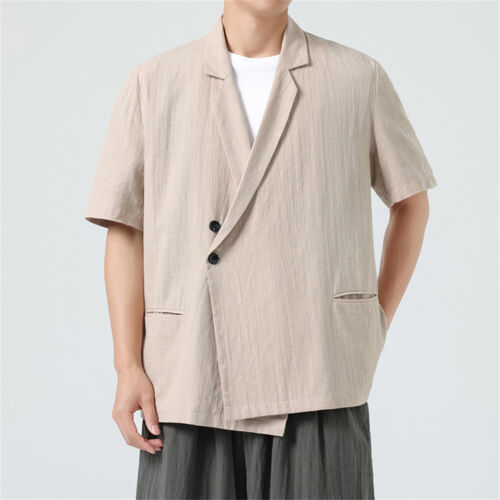 Men's Tang Shirt Casual Slim Linen Shirts Short Sleeve Tops Blouse Street Party - Picture 1 of 13