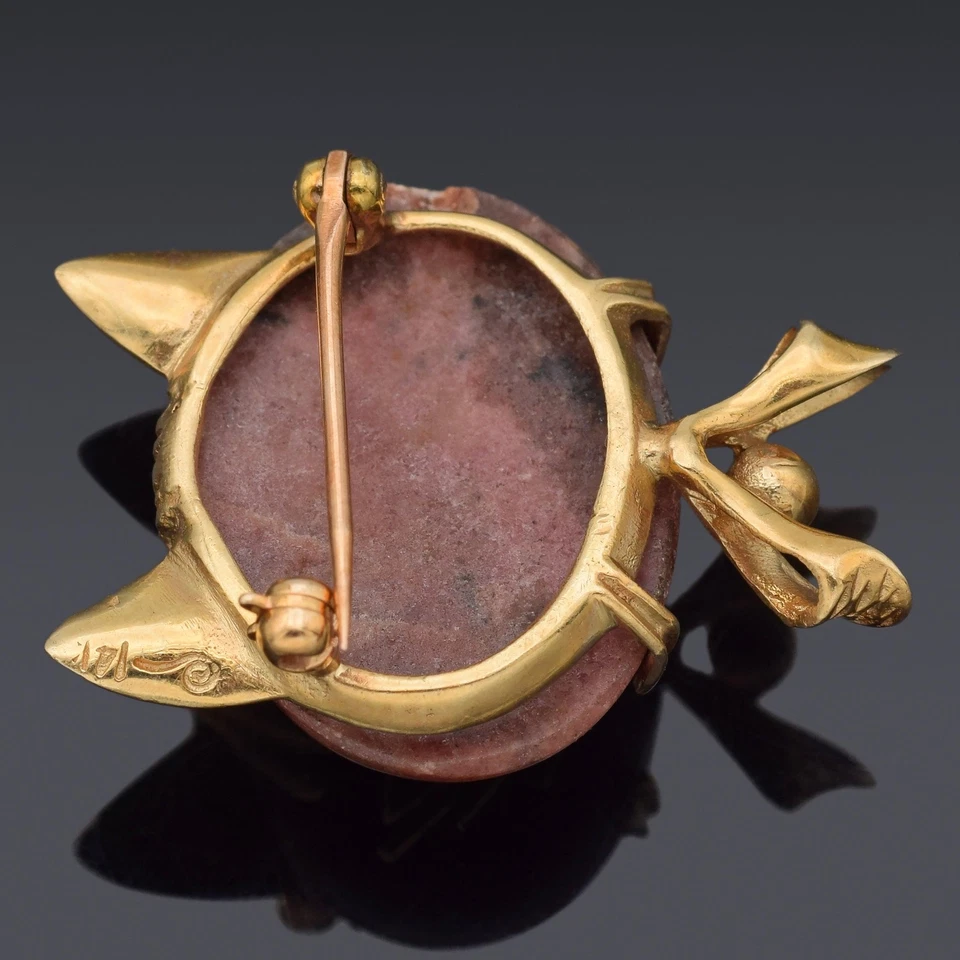 Broche prendedor vintage de oro amarillo de 14 quilates rosa marrón océano jaspe y pasta verde gato Foto 2 de 4