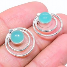 Aqua Chalcedony Gemstone 925 Sterling Silver Jewelry Stud Earring Size 0.75"