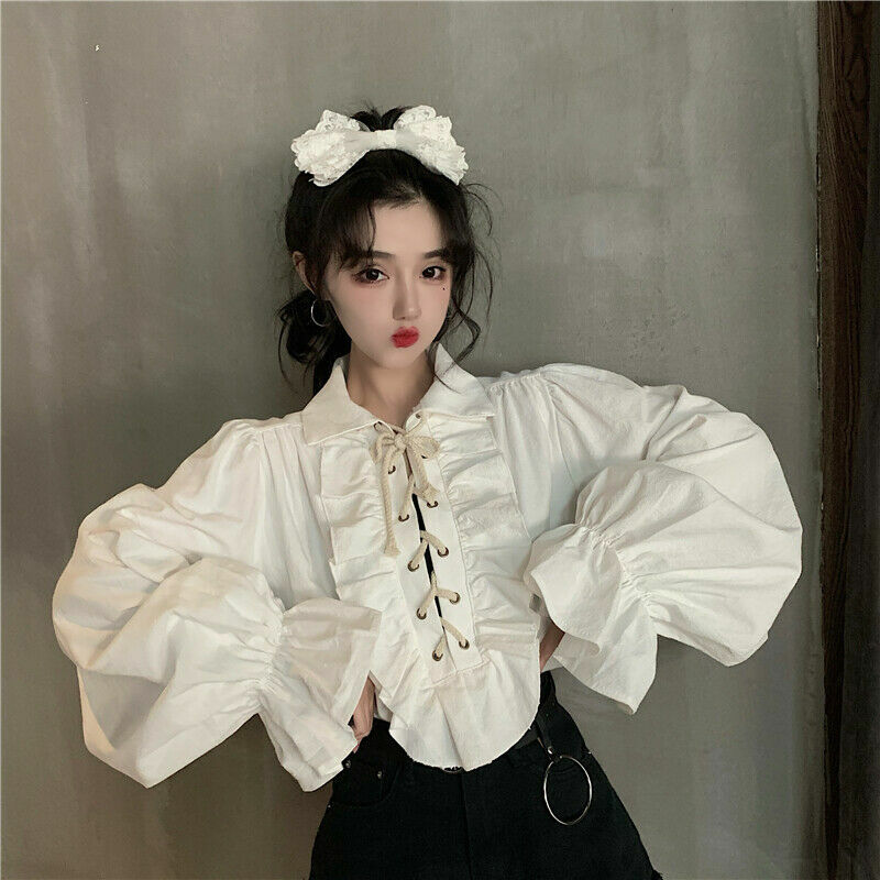 トップス unknown classic lolita frill shirts Women Ruffles Lace Up Shirts Blouse Tops Lolita Retro Casual