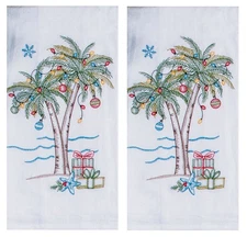 New Set of 2 Tropical Christmas Palm Trees Embroidered Flour Sack Kitchen Towels