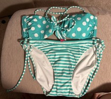 Victoria's Secret Swim Womens 2pc Bikini Set Turquoise White Polka Dot Tie L/G