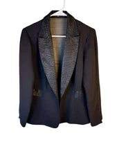 Sandra Darren women’s black sequin collar sheer V back blazer sz 12