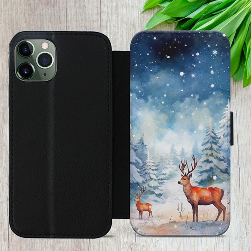 REINDEER FLIP CASE FOR IPHONE SAMSUNG GOOGLE WINTER DEER GIFT WALLET PHONE COVER - Picture 30 of 38