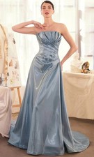 A Line Evening Dresses Bright Satin Strapless Draped Ruched Formal Prom Gowns