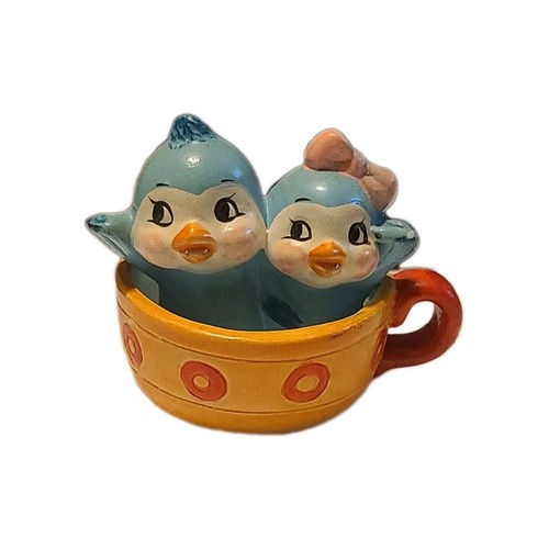 Vintage Miniature Bluebirds In A Tea Cup 2 1/2" Made In Sri Lanka